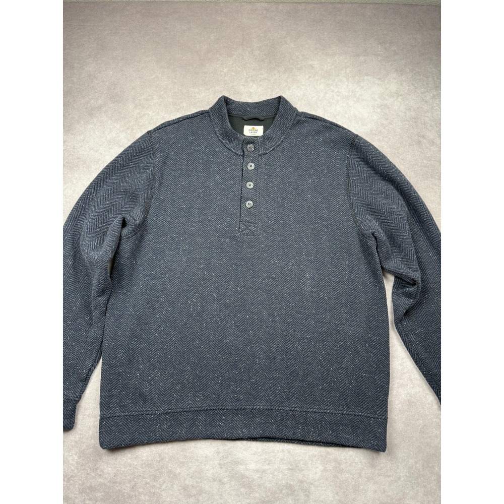 Marine Layer Men XL Charcoal Herringbone Henley Mock Neck Pullover Coastal Cabin